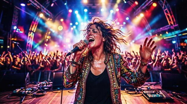Woman singer performing with microphone on summer festival stage. Energetic female musician singing to crowd of music fans under bright colorful spotlights during night concert event.