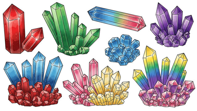 Vibrant crystal geode clusters in colorful isolated on a transparent background, colorful crystals crystal geodes