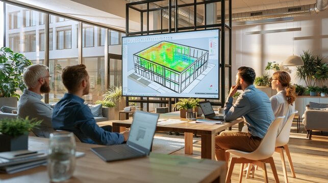 Sustainability consultants and architects focused on a digital BIM energy model projection in a bright ecofriendly workspace with wood furnishings greenery and clean daylight