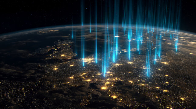Futuristic Europe from space with glowing data beams and digital city network, cybersecurity technology, cloud computing, telecom infrastructure, smart cities and global connectivi