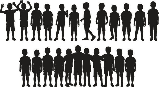 Large group of standing dark gray children silhouettes in two rows including boys and girls isolated on white background