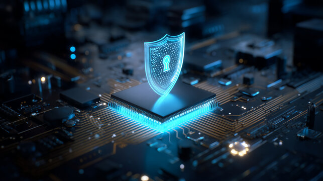 Glowing cybersecurity shield above processor chip on dark motherboard, digital protection system, encrypted data security, AI computing hardware, cyber defense and secure technolog