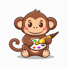 Fototapeta premium Cute Monkey Artist Holding Paintbrush and Palette
