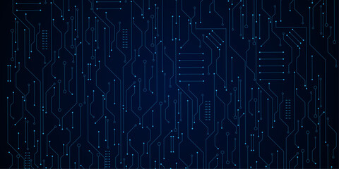 Fototapeta premium Abstract blue circuit board pattern with interconnected lines and nodes on dark background