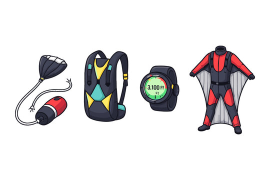Skydiving and wingsuit flying equipment including parachute, backpack, and altimeter watch