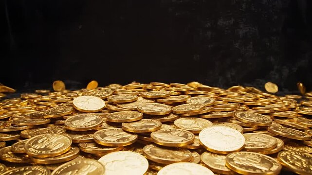 Abundant Gold Coins Falling and Piling Up in a Rich Treasure.