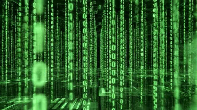 Abstract Green Binary Code Matrix Digital Rain Background.