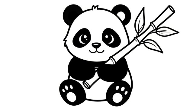 Cute cartoon drawing of panda holding bamboo on white background, coloring book for kids and illustration for toddlers.