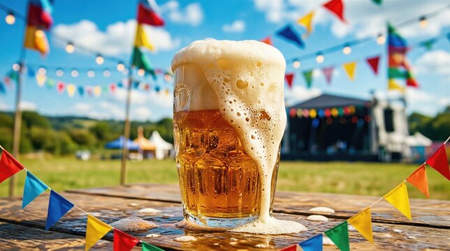 Cold glass of light beer overflowing with foam on wooden table. Summer music festival background with colorful bunting and party stage. Outdoor brewery celebration in sunny day.