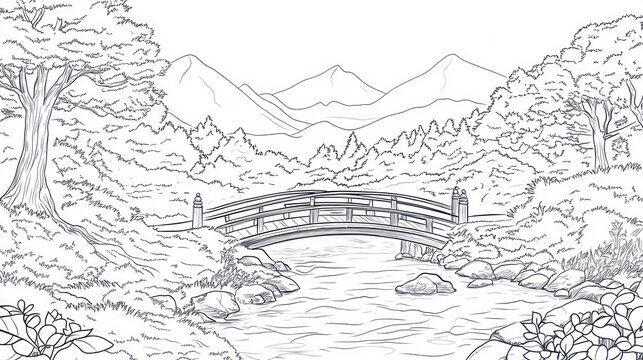 Peaceful mountain stream with arched bridge, nature scene, coloring page, perfect for children's activity