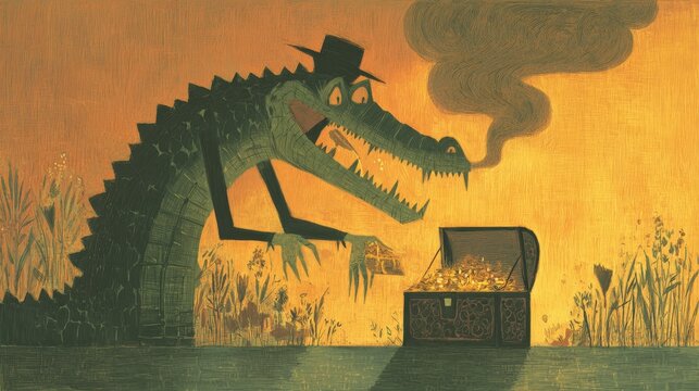 Crocodile wears hat, smokes cigar, eyes gleeful. Treasure chest lies open, coins glow beneath. Golden sunset paints swamp, reeds sway gently. Monster's grin suggests mischief, not malice