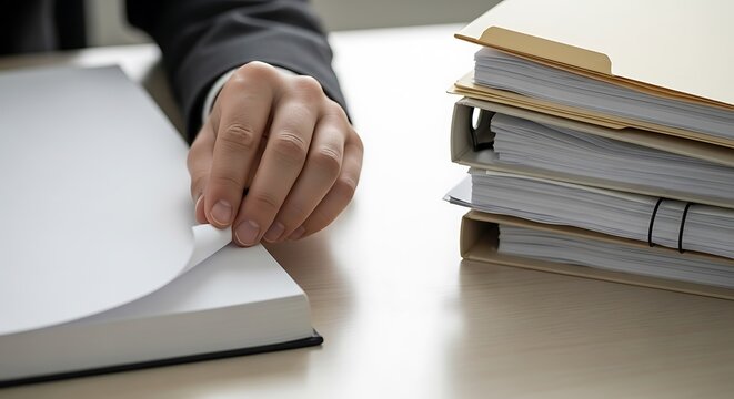 Close up of a business person in a dark suit organizing a stack of beige folders and white paper documents on a bright white office desk surface