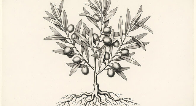 Classic olive tree etching with fruit isolated on a transparent background