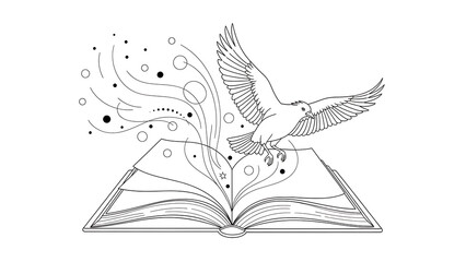 Fototapeta premium Book with bird flying above open pages, transparent background, isolated on a, transparent background, open, book pages