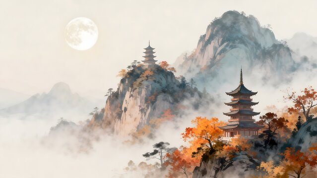 Traditional Asian pagodas in mountain landscape