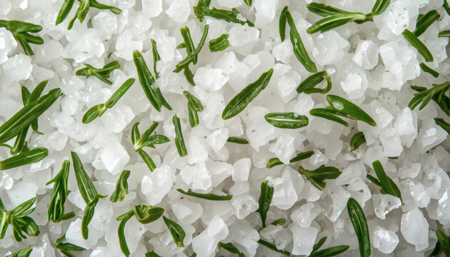 Coarse sea salt with rosemary herbs macro. Fresh Mediterranean seasoning.