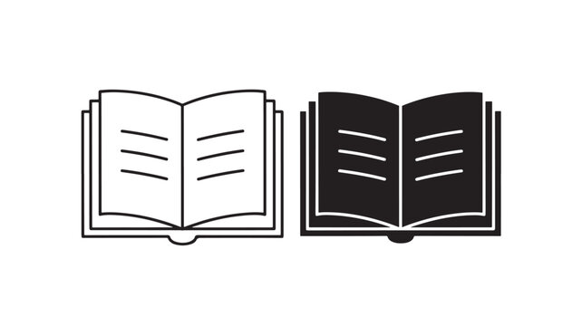 Open Book Icons Showing Black and White Pages, Minimal Line Art Style for Education, Reading, Learning and Study Concepts