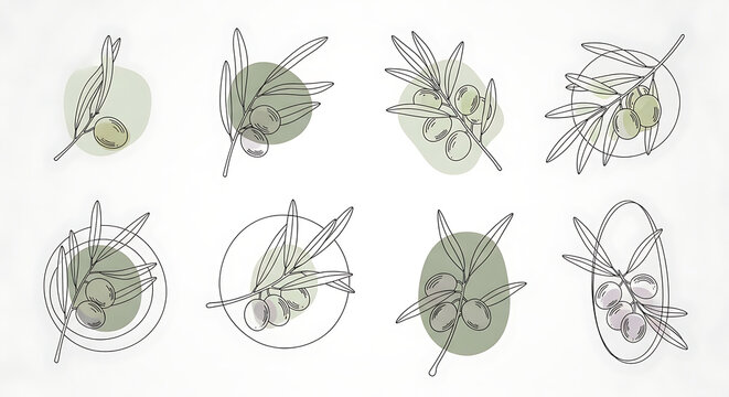 Minimalist olive branch stylized leaf arrangements isolated on a transparent background, olive branches