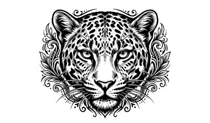 Ornate leopard head line art vector illustration. Intricate black and white engraving sketch of a wild jaguar or panther face for tattoo design, t-shirt print, or poster. © Keyapayal