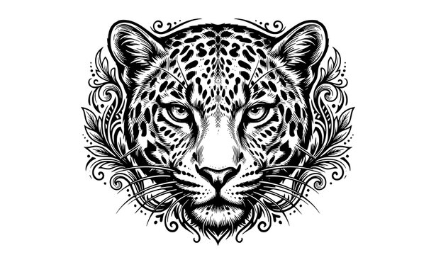 Ornate leopard head line art vector illustration. Intricate black and white engraving sketch of a wild jaguar or panther face for tattoo design, t-shirt print, or poster.