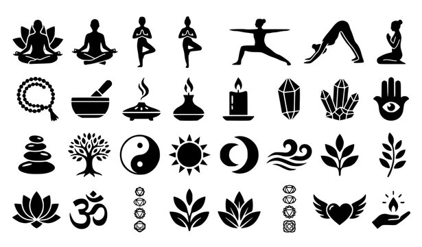 Yoga, meditation, and spiritual esoteric silhouette icon set. Black silhouettes of yoga poses, lotus flower, yin yang, hamsa hand, crystals, om symbol, and zen stones.