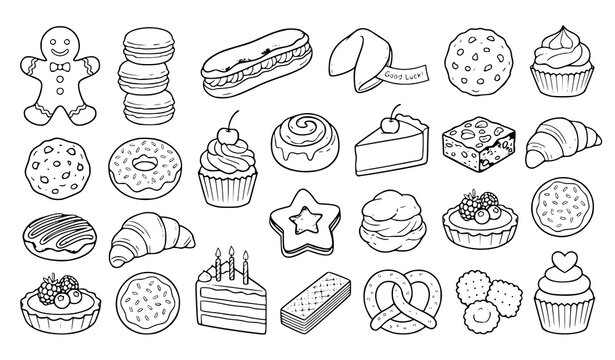 Bakery, Pastry, Cookies and Sweet Dessert Hand Drawn Vector Icon Collection