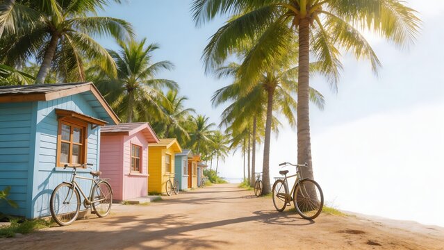 Colorful beach huts and palm trees