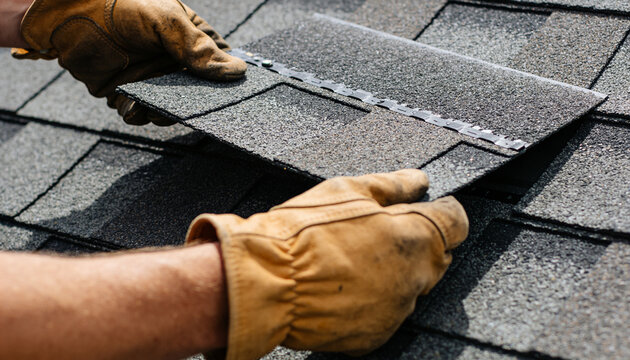 A close-up view of hands wearing work gloves as they carefully install a new shingle on a roof.