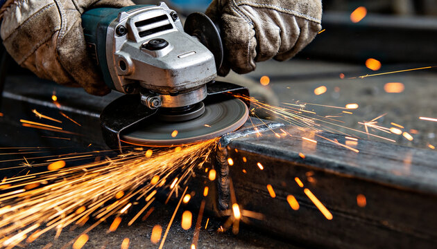 A close-up shot of a person using an angle grinder to smooth a metal joint, creating bright sparks.