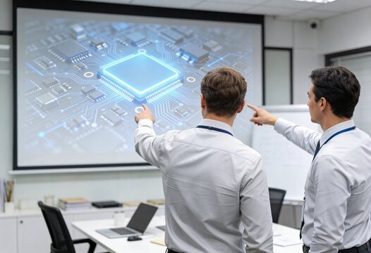 Two professional men in a boardroom examine a large digital display showing an integrated circuit.