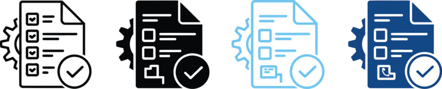 Document, process management icons vector set, gear and checkmark symbols for workflow approval system settings and business management design.