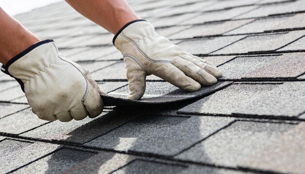 A close-up view of a professional construction worker wearing gloves, repairing asphalt roof shingles.