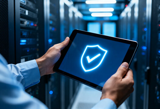 A technician holds a tablet displaying a glowing blue shield icon inside a modern server room data center.