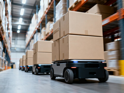 An automated mobile robot transports stacked cardboard boxes through a large industrial warehouse.