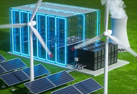 A data center facility powered by wind turbines, solar panels, and a cooling tower in a green field.