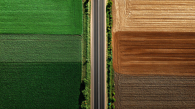 Aerial view of a straight road dividing lush green farmland and harvested brown fields, showcasing agricultural land use and crop patterns in a rural landscape