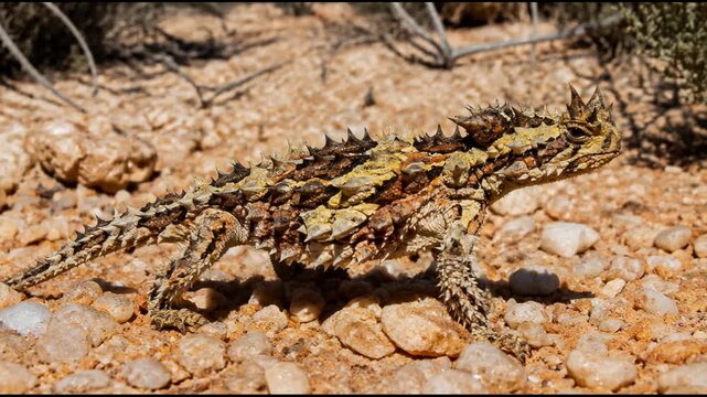 A thorny devil lizard stands motionless on a sun baked rocky desert floor with its textured scales visible, providing a detailed look at this iconic reptile in its natural arid habitat.