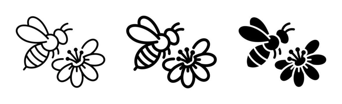 Black bee icons with flowers, insect illustrations, bee graphics, flower designs, vector set