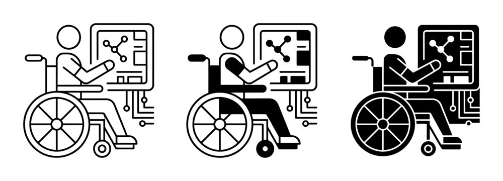 Accessible technology, disability icons, wheelchair users, computer symbols, inclusion graphics