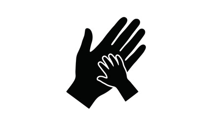 Obraz premium Adult hand holding a baby hand, black silhouette vector icon representing care, protection, and family support