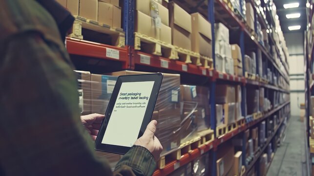 Smart digital label on packaged goods in warehouse storage shelves