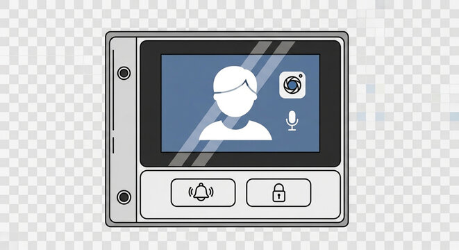 A modern intercom system with a video display screen and two functional buttons.