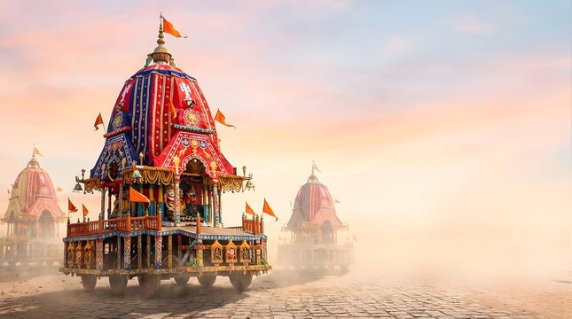 Ornate ratha yatra chariots in a dusty, hazy landscape at sunset