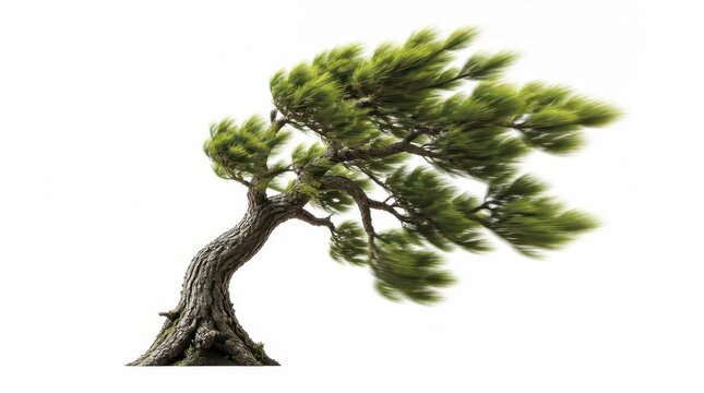 A 3D rendered pine tree stands isolated in this widescreen digital artwork, featuring windblown evergreen foliage and textured bark crafted with extreme detail for high resolution graphic designs.