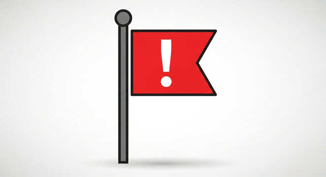 A minimal red flag icon with an exclamation mark symbol on a gray background.