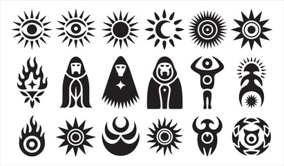 Obraz premium Sacred celestial icon collection featuring sun moon and mystical feminine symbolic illustrations