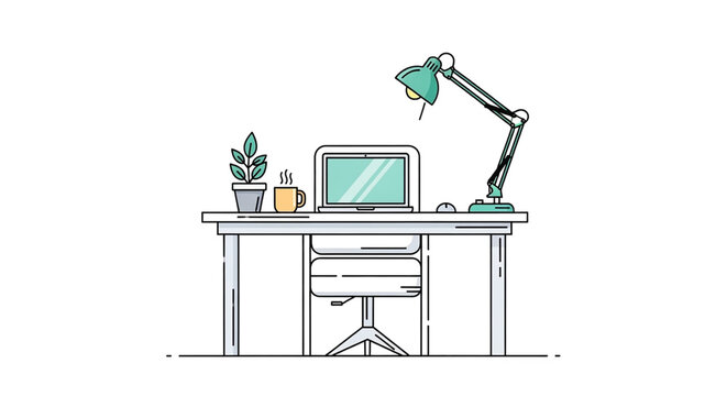 A minimalist workstation with a desk lamp, laptop, coffee cup, and plant in a flat vector design