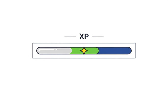 A minimalist progress bar icon with green and blue segments labeled XP