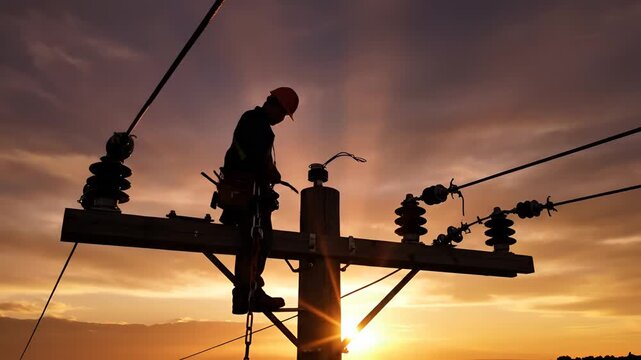Silhouette of an electrician working on power lines at sunset.
