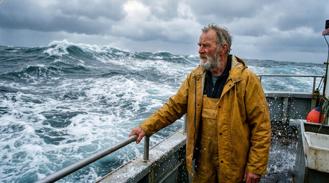 Weathered fisherman in yellow oilskin watching stormy rough ocean waves